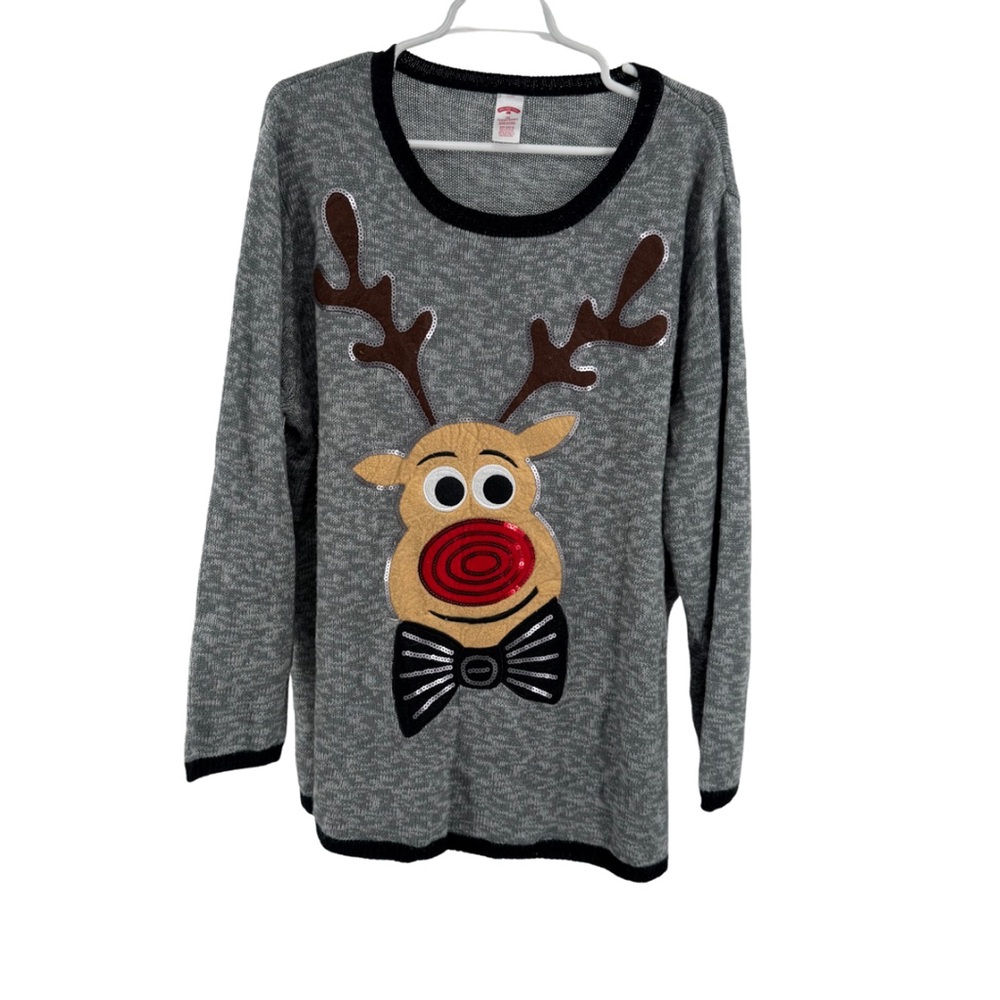 Holiday Time Women's Black and Gray Crewneck Sweater Rudolph 3X sequins holiday